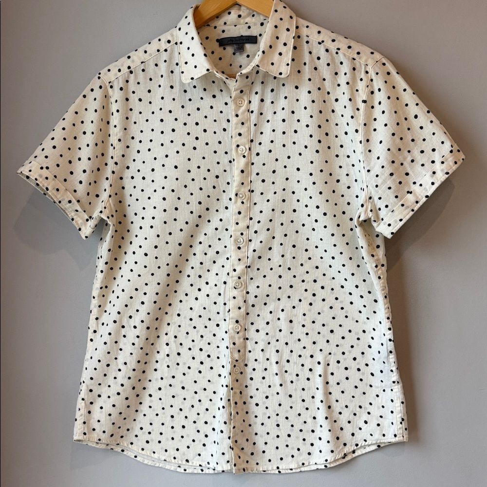 John Varvatos Dotted Short Sleeve Polka Dot Cotton Linen Button Down Shirt - Picture 4 of 9